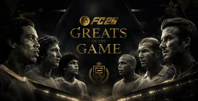 EA SPORTS FC 26 Greats of the Game cinematic key art featuring football legends including Ronaldinho, Ronaldo, Zidane and Beckham