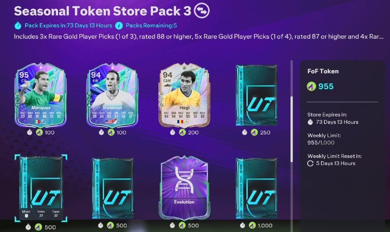 EA SPORTS FC 26 Festival of Football Token Store on June 19 2026 showing Seasonal Token Store Pack 3 and player picks Marquez, Donovan and Hagi with their Token costs
