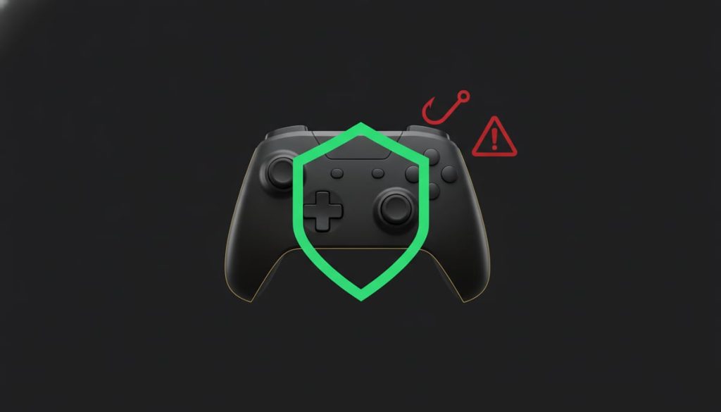 FC 26 hacks and cheats: a game controller protected by a green shield from a red malware and scam threat