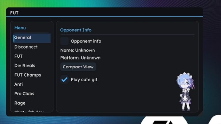 FUTX Opponent Info panel showing opponent name, platform and compact view toggle
