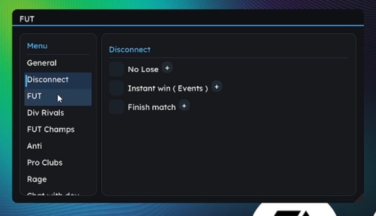 FC 26 hack overlay: Disconnect panel showing No Lose, Instant Win and Finish Match toggles