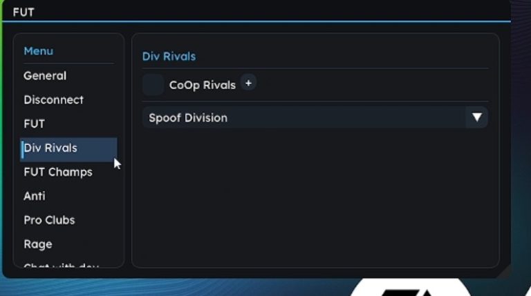 FC 26 hack overlay: Division Rivals spoofer panel showing CoOp Rivals and Spoof Division controls