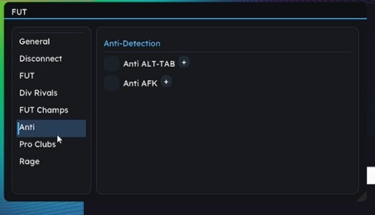 FUTX Anti-Detection panel showing Anti ALT-TAB and Anti AFK protections