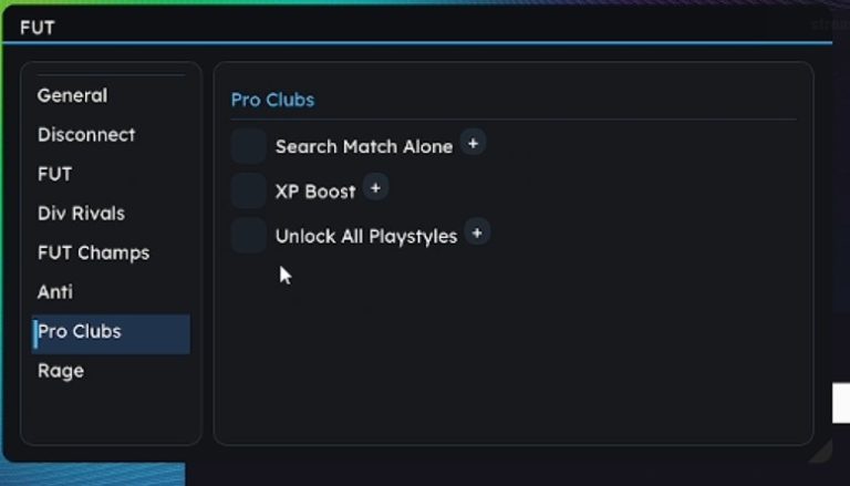 FUTX Pro Clubs panel with Search Match Alone, XP Boost and Unlock All Playstyles